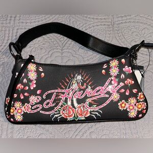 Ed Hardy Black and Pink Floral Shoulder Bag